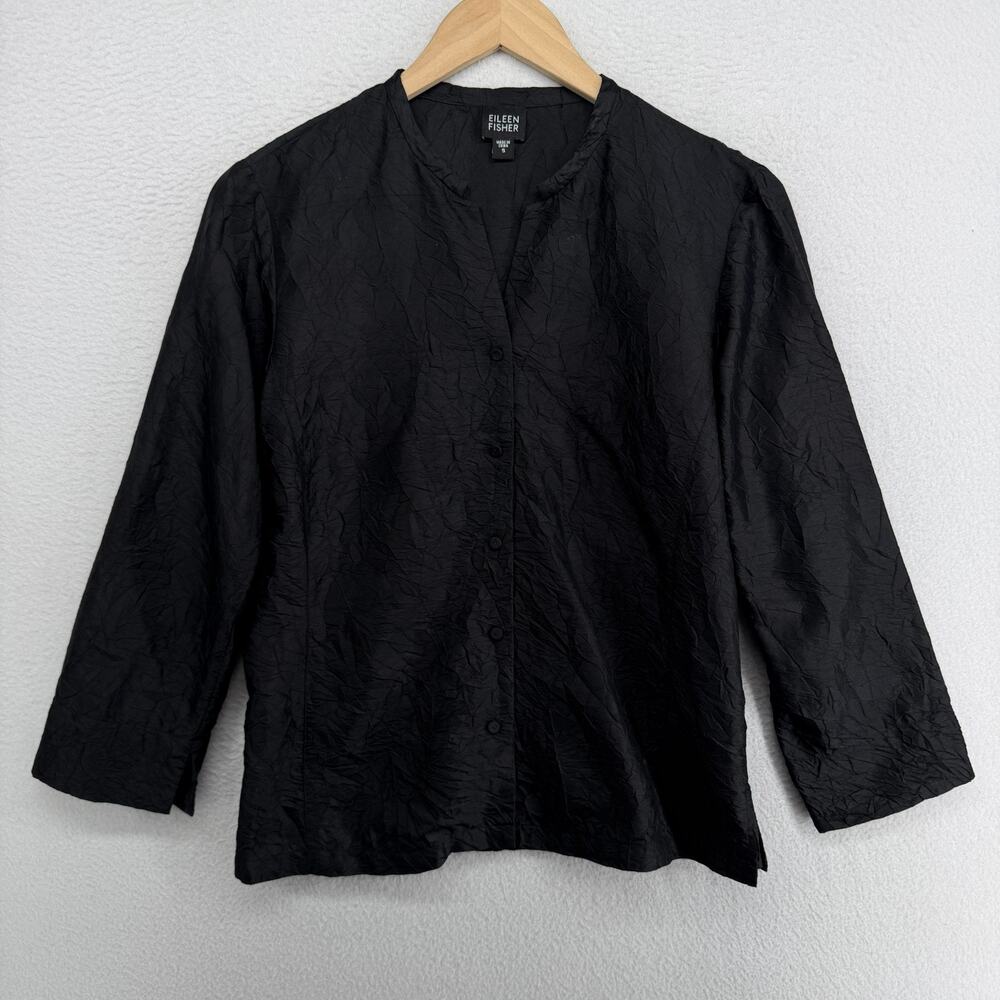 EILEEN FISHER Top S Crinkle Silk Dupioni Button Up Long Sleeve Black VTG